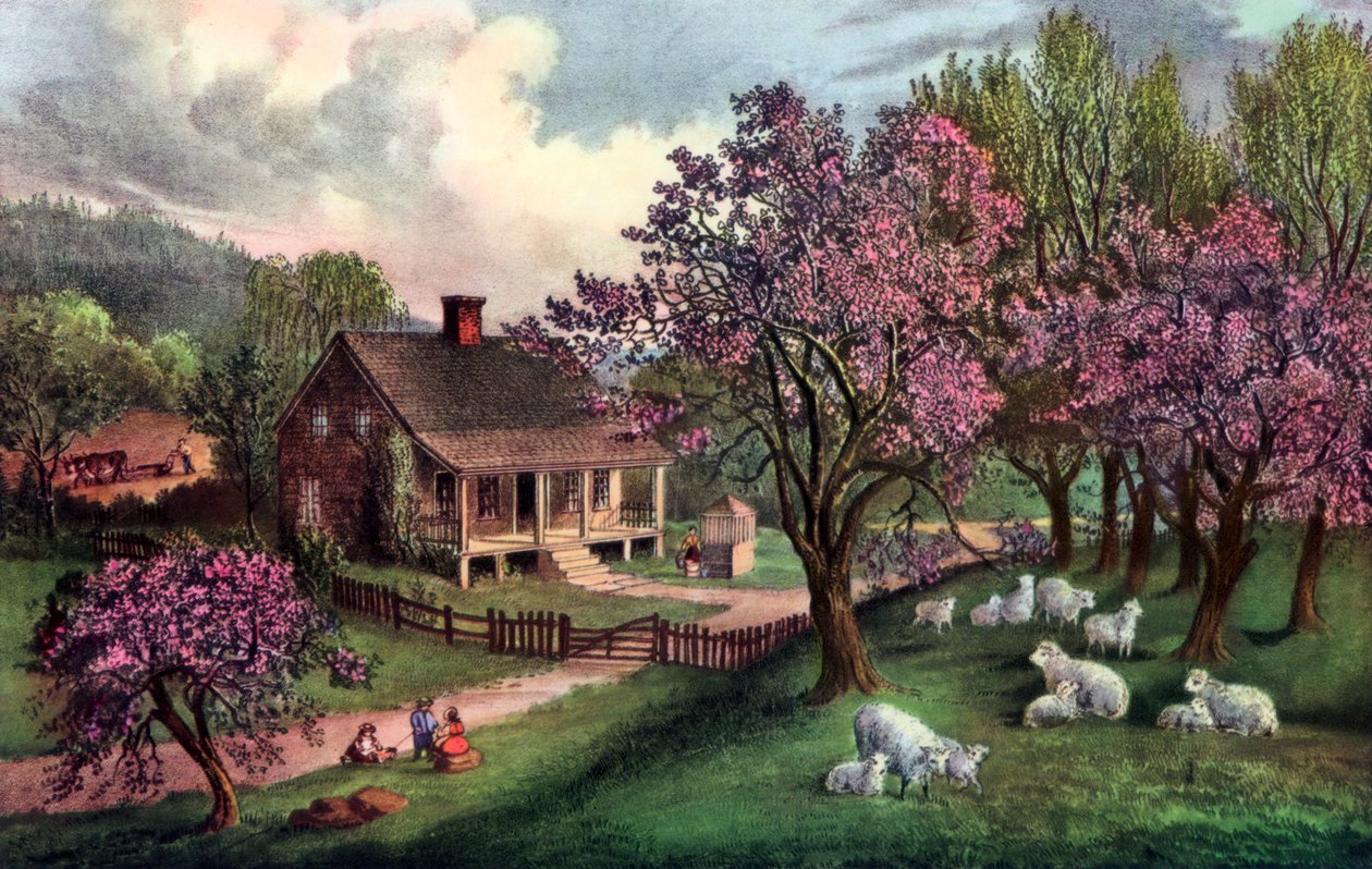 Americká usedlost na jaře 1869 od Currier and Ives
