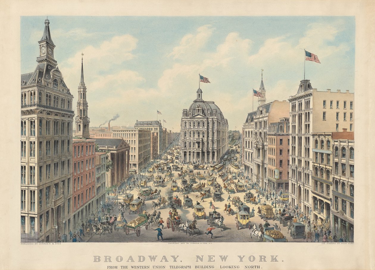 Broadway, New York: Z budovy telegrafu Western Union při pohledu na sever od Currier and Ives