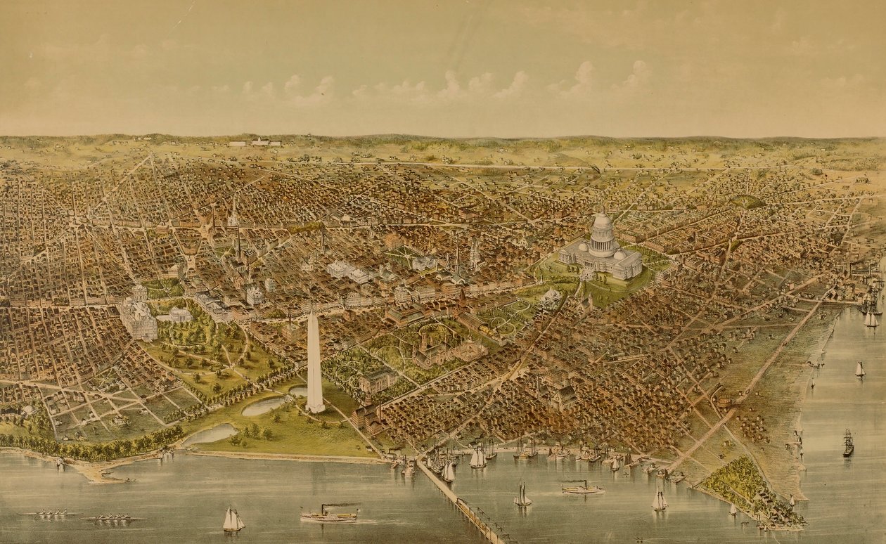 Město Washington (pohled z ptačí perspektivy od řeky Potomac na sever) od Currier and Ives