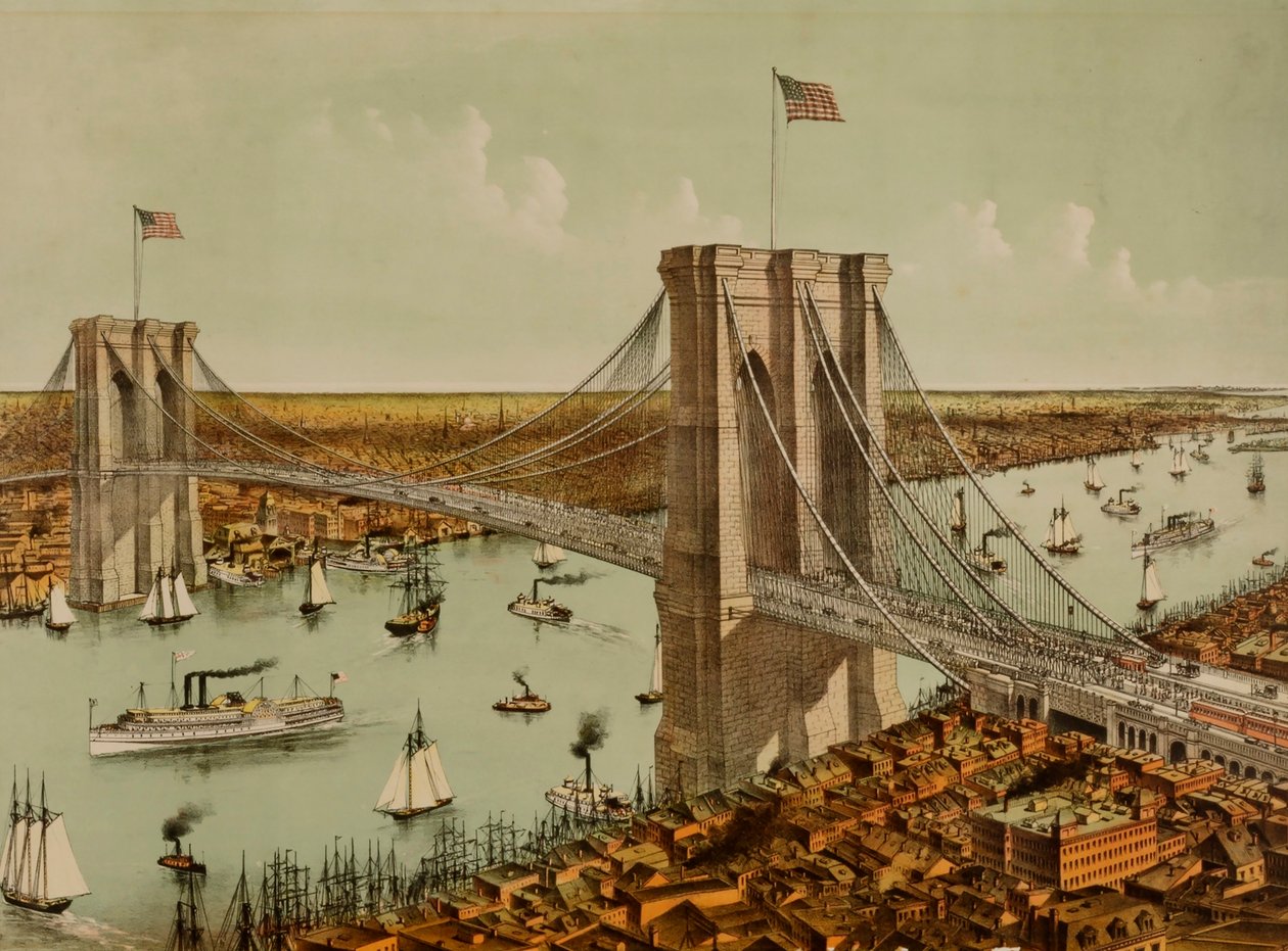Velký visutý most přes řeku East River od Currier and Ives