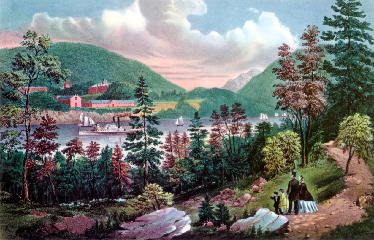 West Point, Americká vojenská akademie, z protějšího pobřeží, 1862. od Currier and Ives