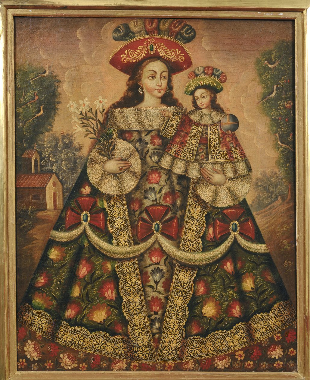 Panna Maria s dítětem a poutníky od Cuzco School