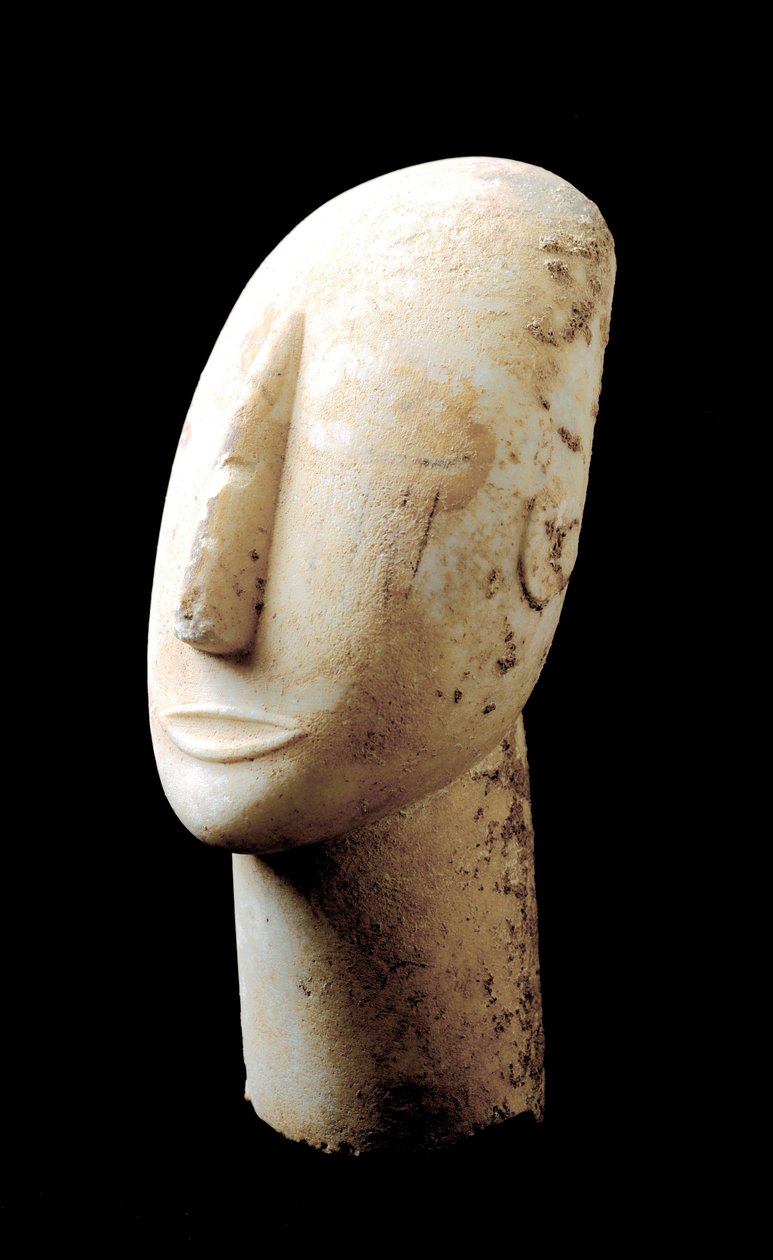 Umění Kyklad: „“velká hlava“““ Mramorová socha. 3000 před naším letopočtem. Kykladská civilizace (-3200 a -2000) Athény, Národní archeologické muzeum od Cycladic