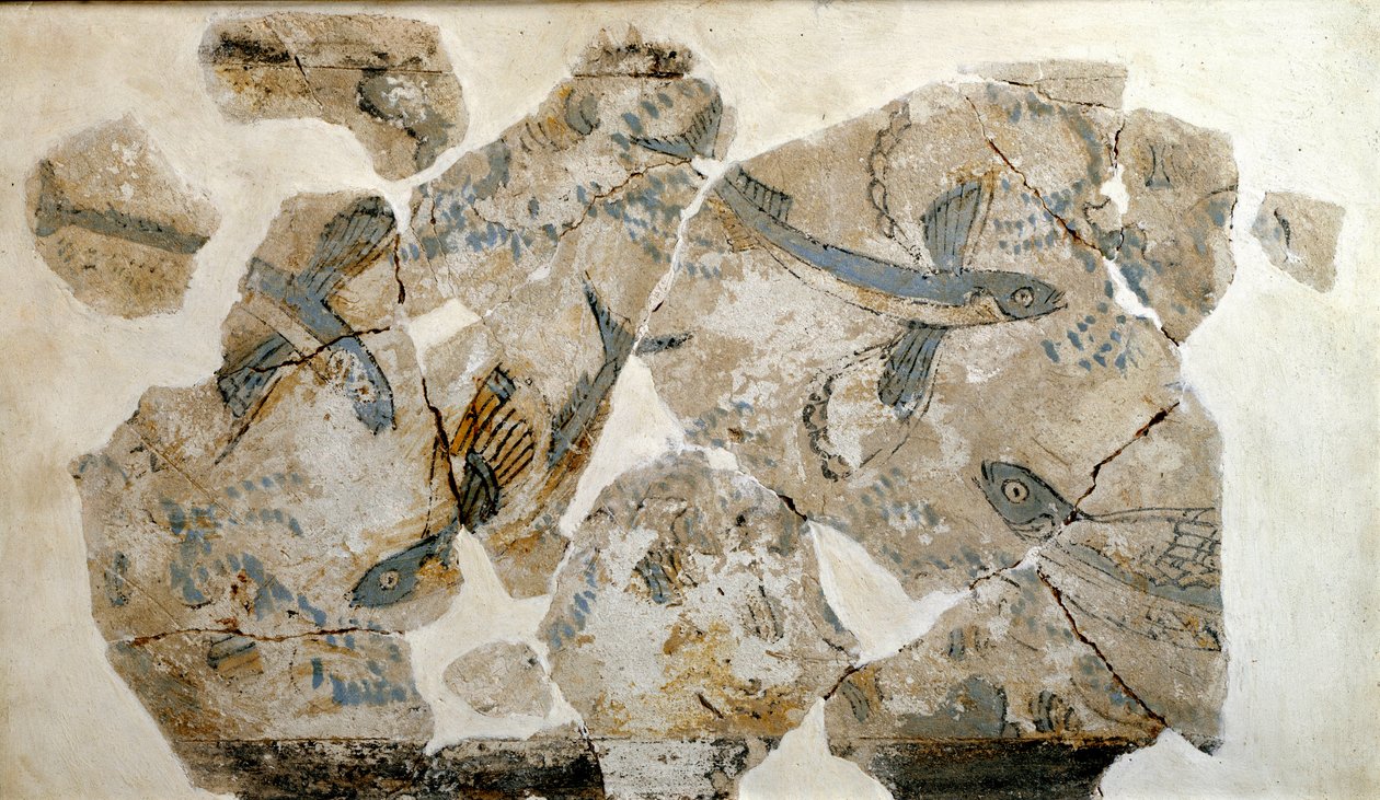 Kykladské umění: fragment fresky zobrazující létající ryby (mořské vlaštovky). z lokality Phylakopi (ostrov Melos) 2500 př. n. l. Rozm. 23 cm Athény, národní archeologické muzeum - Kykladské umění: fragmenty fresky zobrazující létající ryby (teráky), ze si od Cycladic