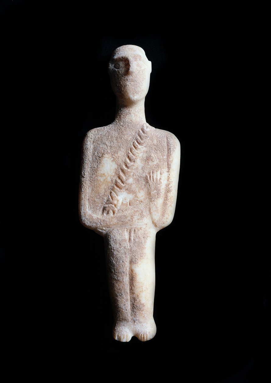 Mužský idol, schematická figurka. Socha z bílého mramoru s okrovými inkrustacemi, 3200-2000 př. Kr od Cycladic Cycladic