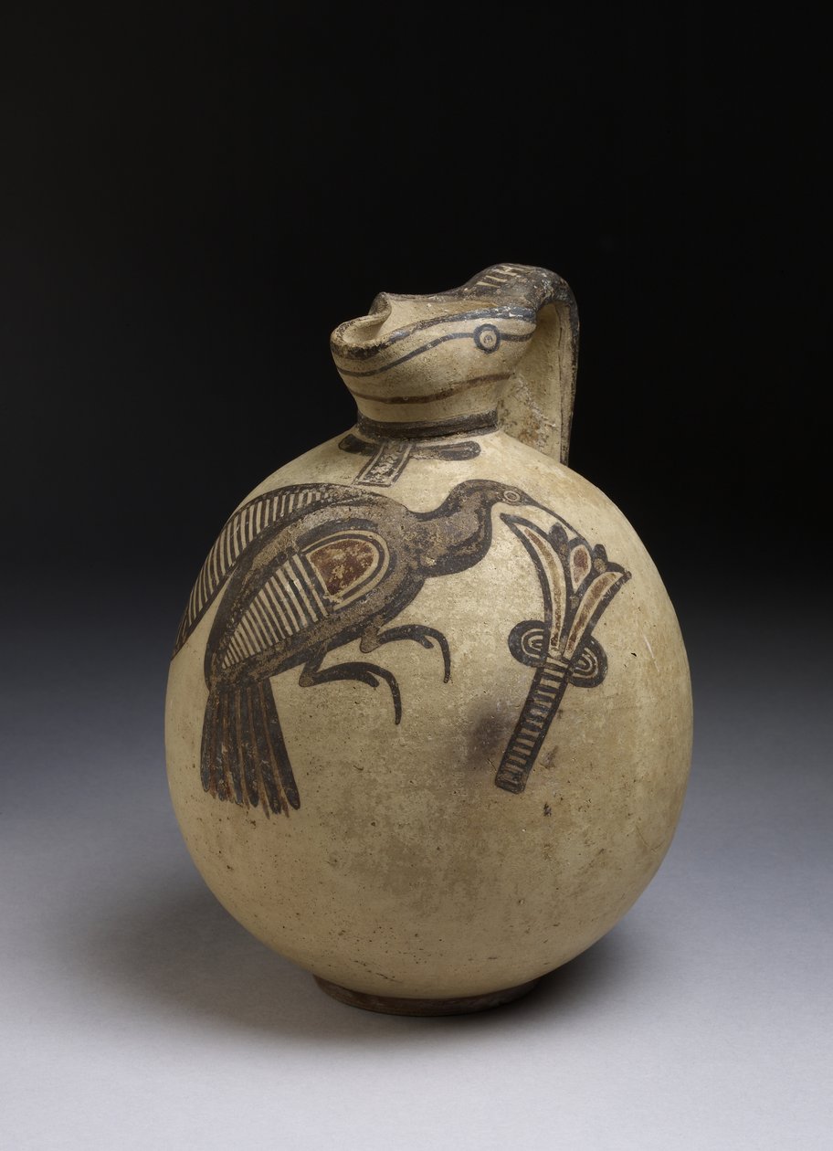 Dřepový bichromový džbán ve stylu volného pole s obrázkem ptáka trhajícího lotosový květ, kypro-archaické období, cca 750-480 př. n. l. (keramika) od Cypriot