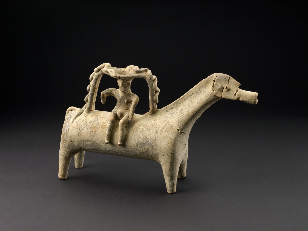 Terakotový kůň rhyton s jezdcem jako součást rukojeti na hřbetě, pozdní kyperské období IIIB, cca 1125-1050 př. n. l. (keramika) od Cypriot