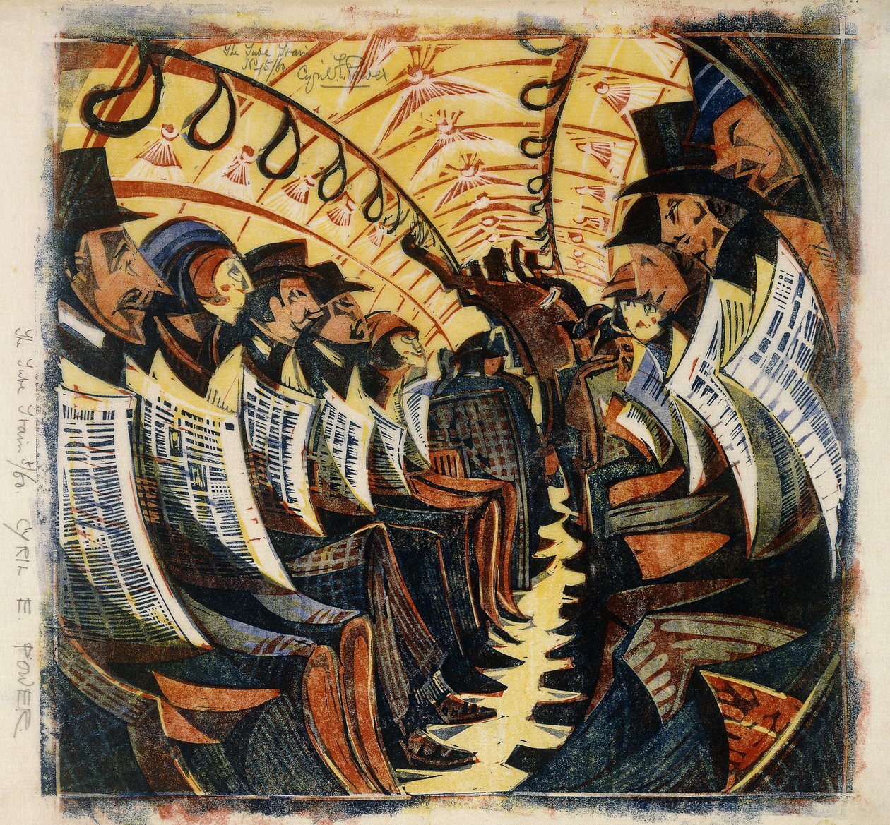 The Tube Train, cca 1930 (linoryt tištěný v barvách na papírovém papíru) od Cyril Edward Power