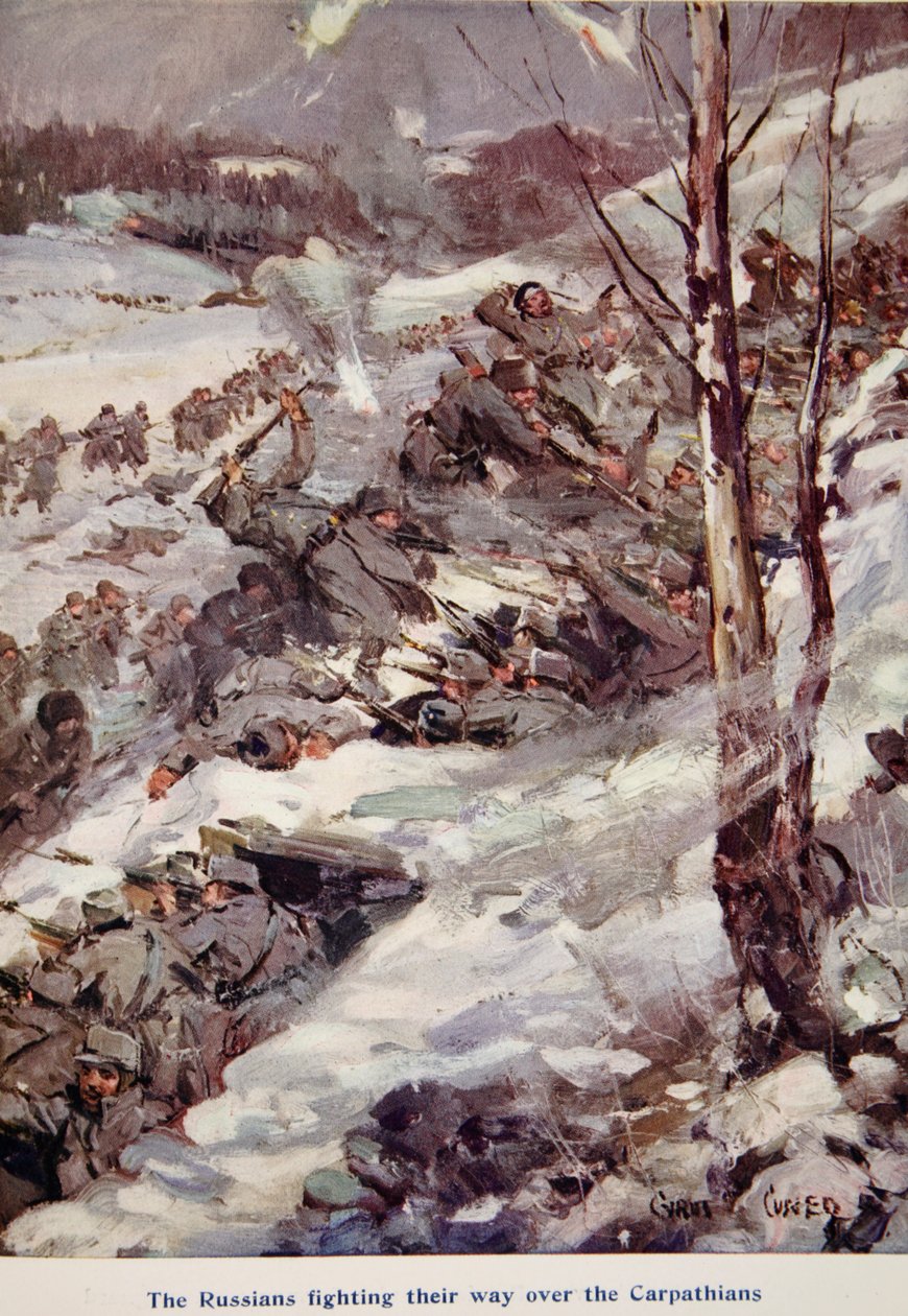"Rusové se probojovali přes Karpaty", ilustrace z knihy "Vyprávěno v chýších": The YMCA Gift Book", vydáno 1916 od Cyrus Cuneo