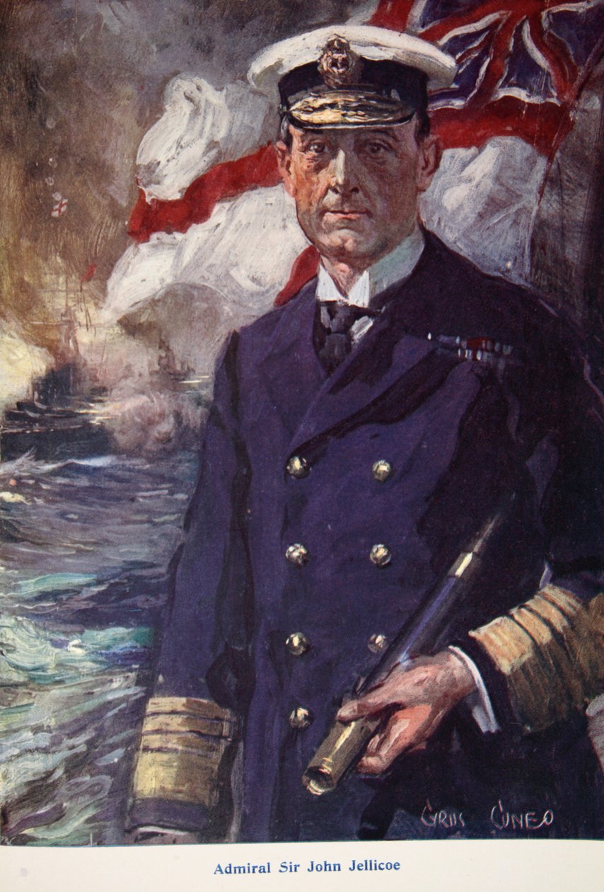 Admirál Sir John Jellicoe, ilustrace z knihy "Told in the Huts: The YMCA Gift Book", vydáno 1916 od Cyrus Cuneo