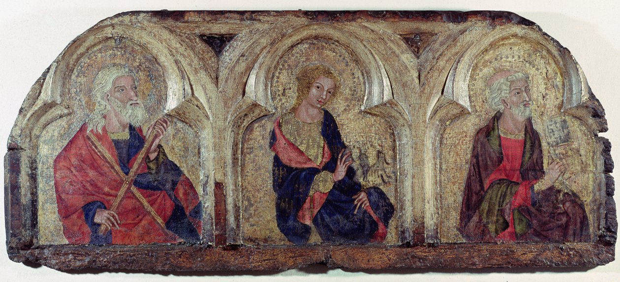 Svatý Ondřej, svatý Jan Evangelista a svatý Petr, z levé desky roudnické Predelly, kolem roku 1340 (tempera na desce) od Czech School