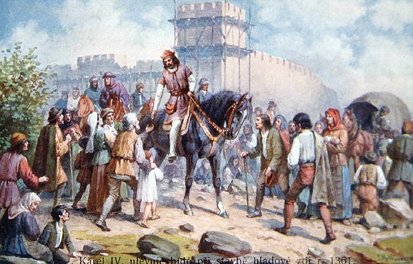 Karel IV. pozdravil obyčejné lidi při rozšiřování pražského opevnění v roce 1361, pohlednice z počátku dvacátého století (barevné lito) od Czech School
