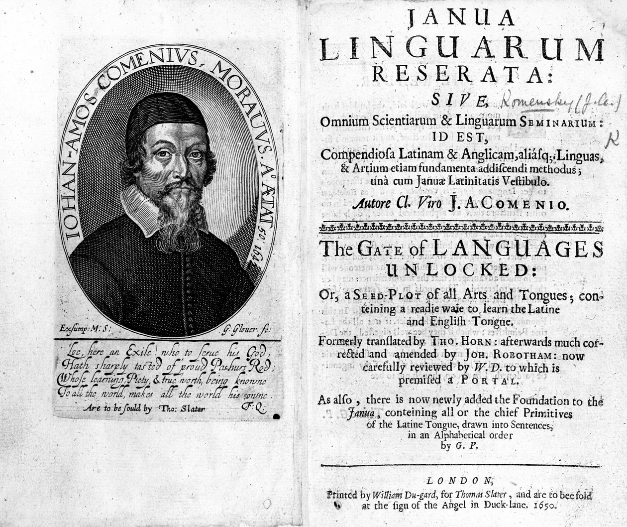 Frontispis a titulní strana k Janua Linguarum Reserata s portrétem Jana Amose Komenského, vyrytý Georgem Gloverem, 1650 od Czech School