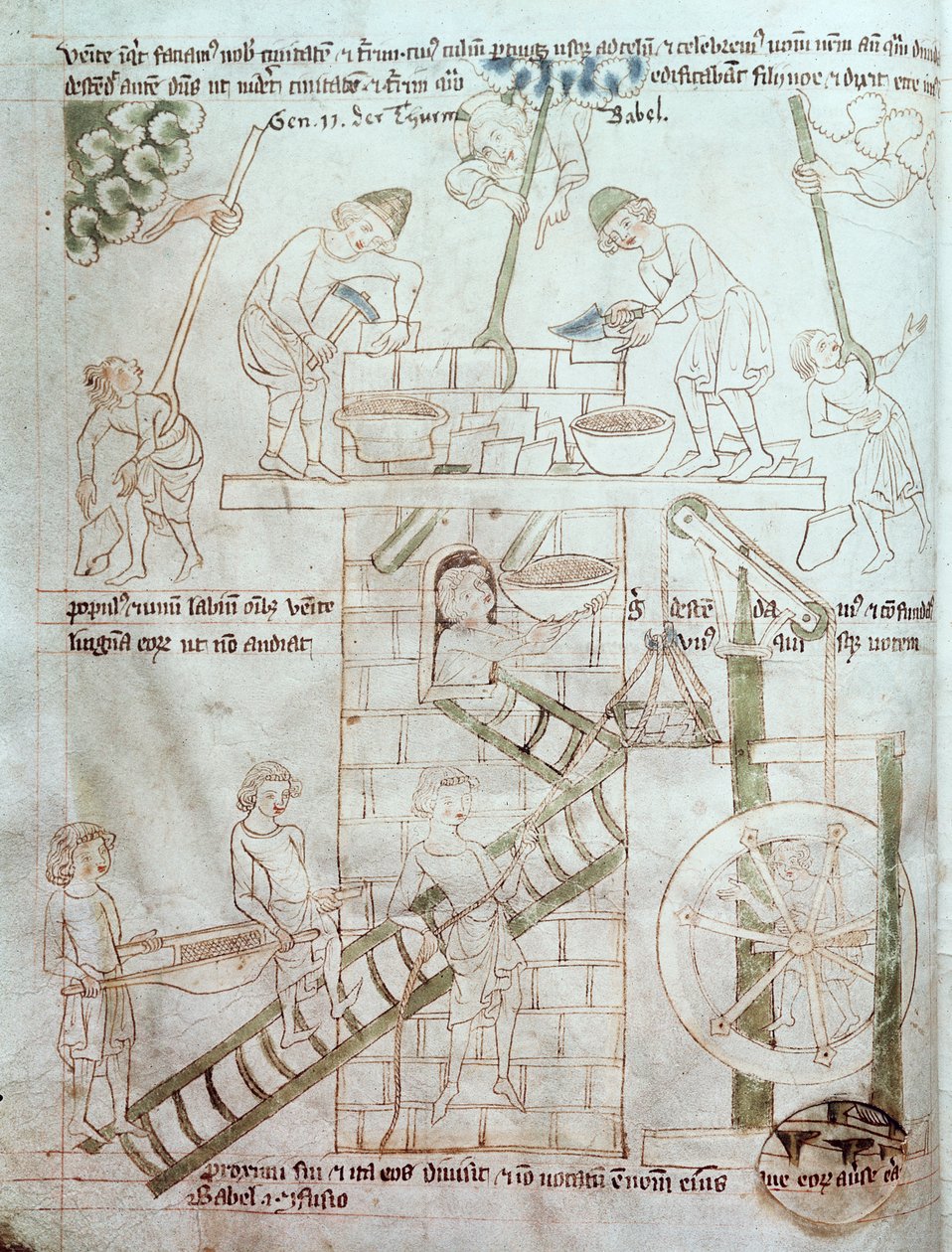 Ms 23 C 124 fol.3 Stavba babylonské věže, z Velislavovy bible, kolem 1340 od Czech School