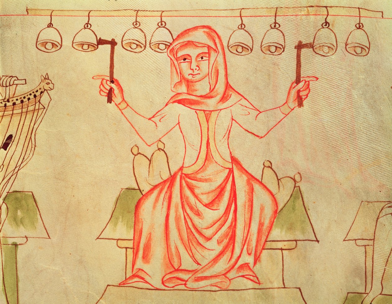 Mx XXIII C.124 Hudebník hrající na zvony, z Velislavovy bible, kolem 1340 od Czech School