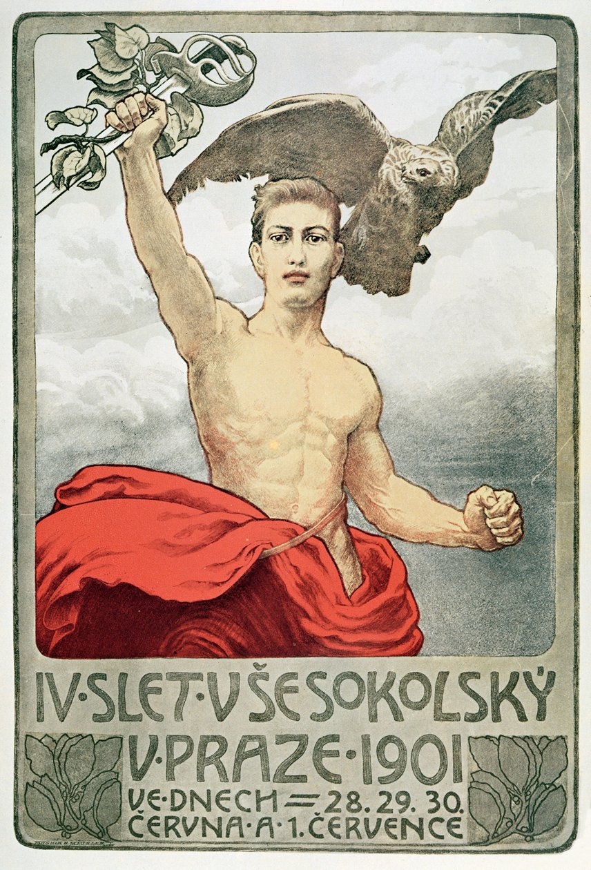 Plakát inzerující 4. sněm Sokolů v Praze v roce 1901 od Czech School