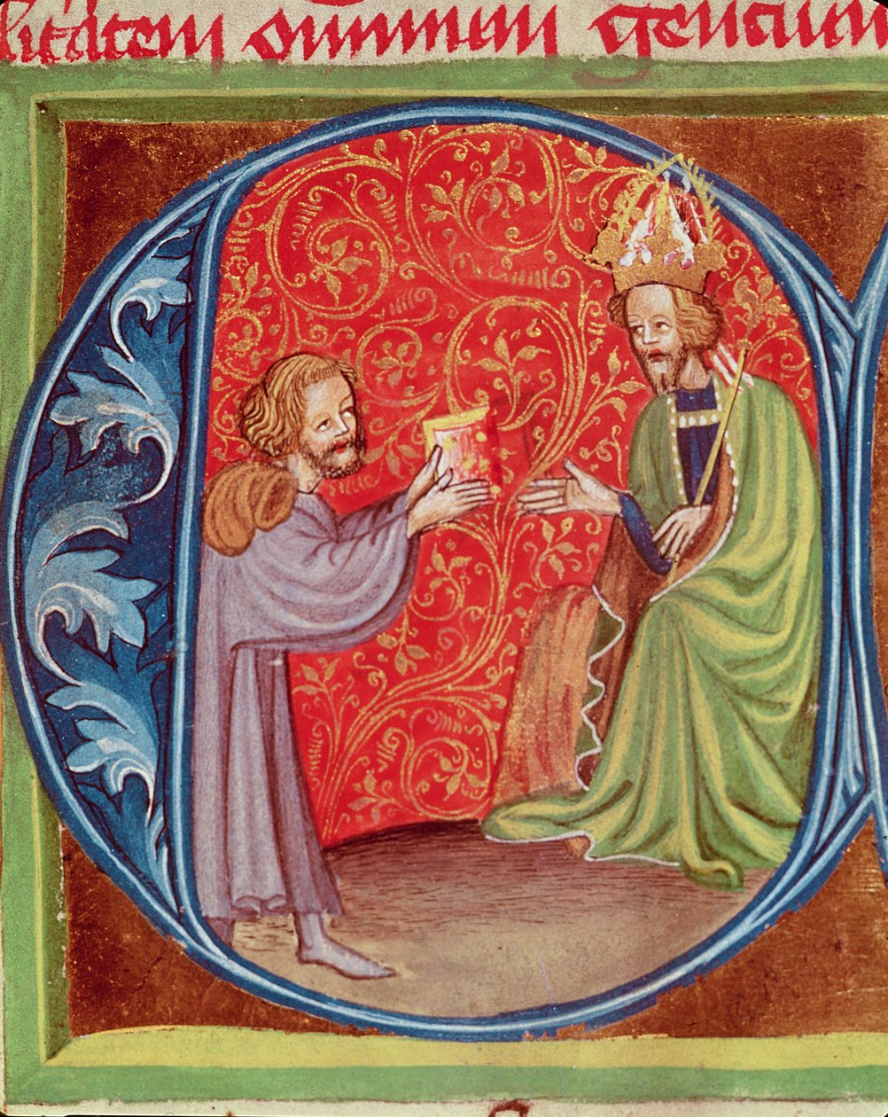 Autor nabízí svou knihu Karlu IV. (1316-78) z Čech z Opus Ruralium Commodorum od Pietra de Crescenzi (1230-1321) od Czech School
