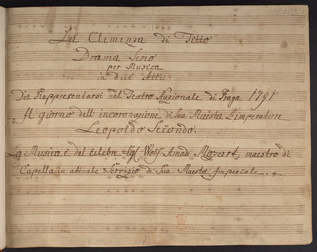 Titulní strana partitury La Clemenza di Tito od Czech School