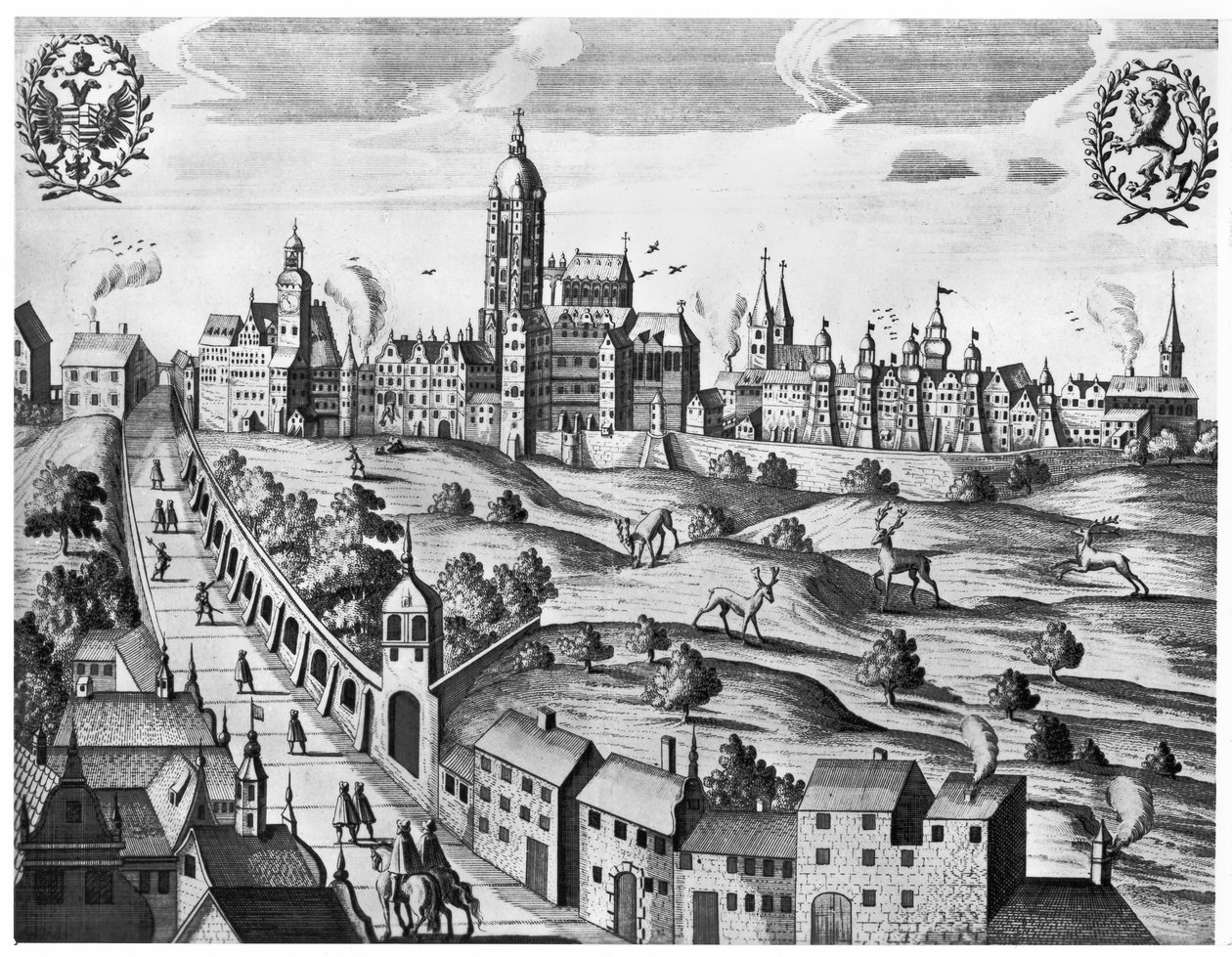 Pohled na Prahu zobrazující Císařský palác a teologickou kolej, kolem roku 1618 od Czech School