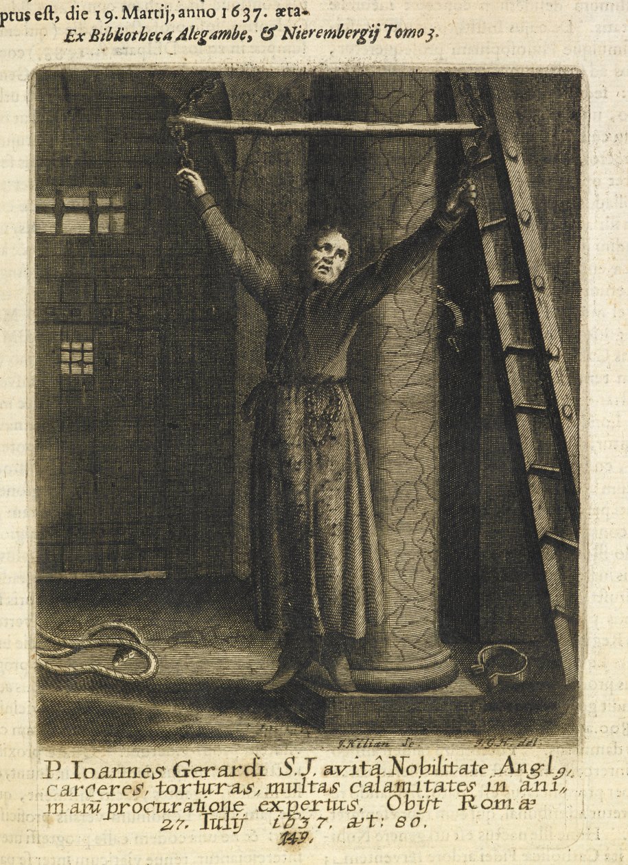 John Gerard, anglický jezuitský kněz, zavěšený na řetězech na stěně kobky v Tower of London (rytina) od Czech School