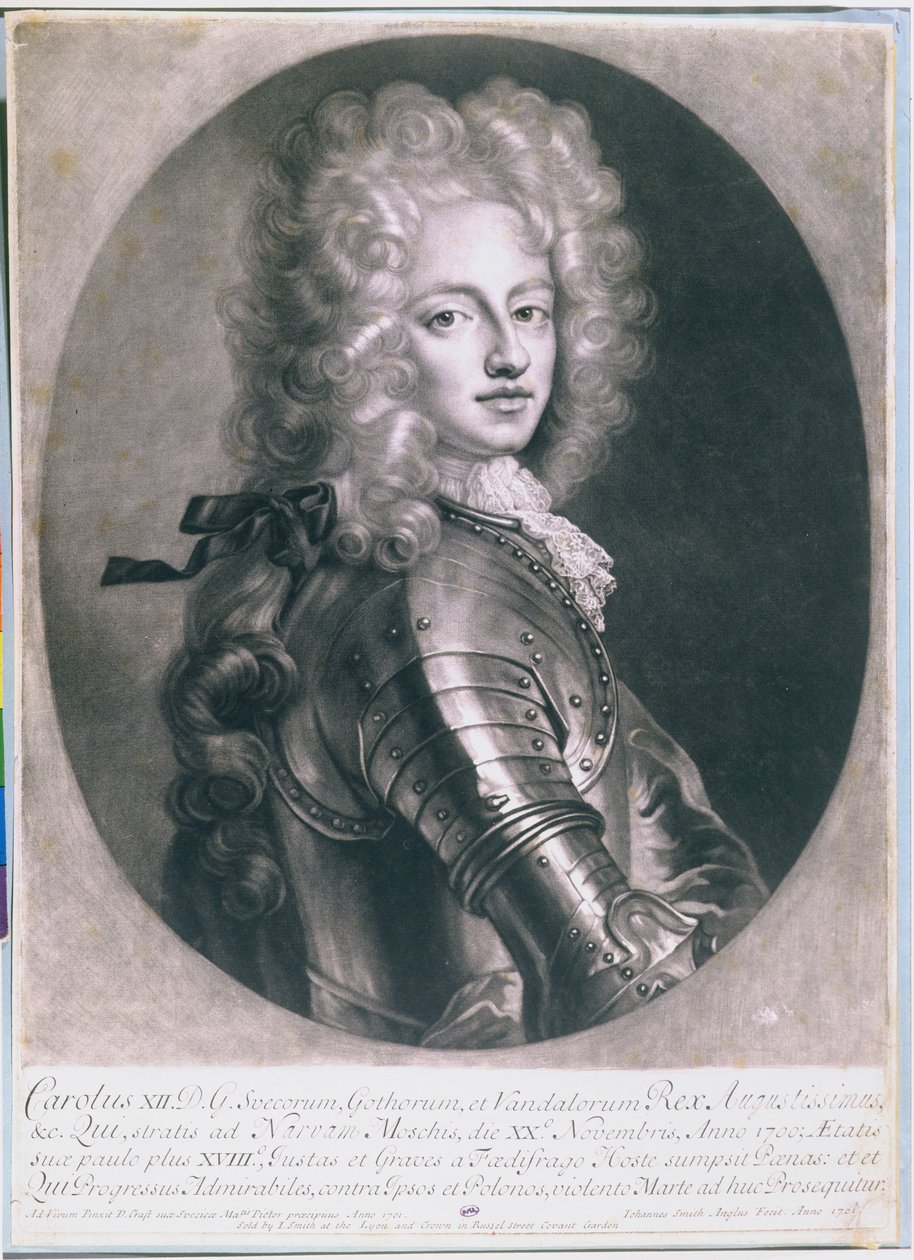 Král Karl XII (1682-1718) Švédska, vyryl John Smith, 1701 od D. Craft