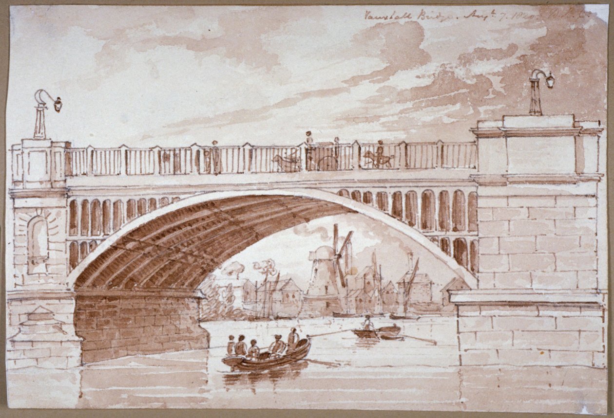 Pohled na malou loď proplouvající pod mostem Vauxhall, Londýn, 1820. od DHC