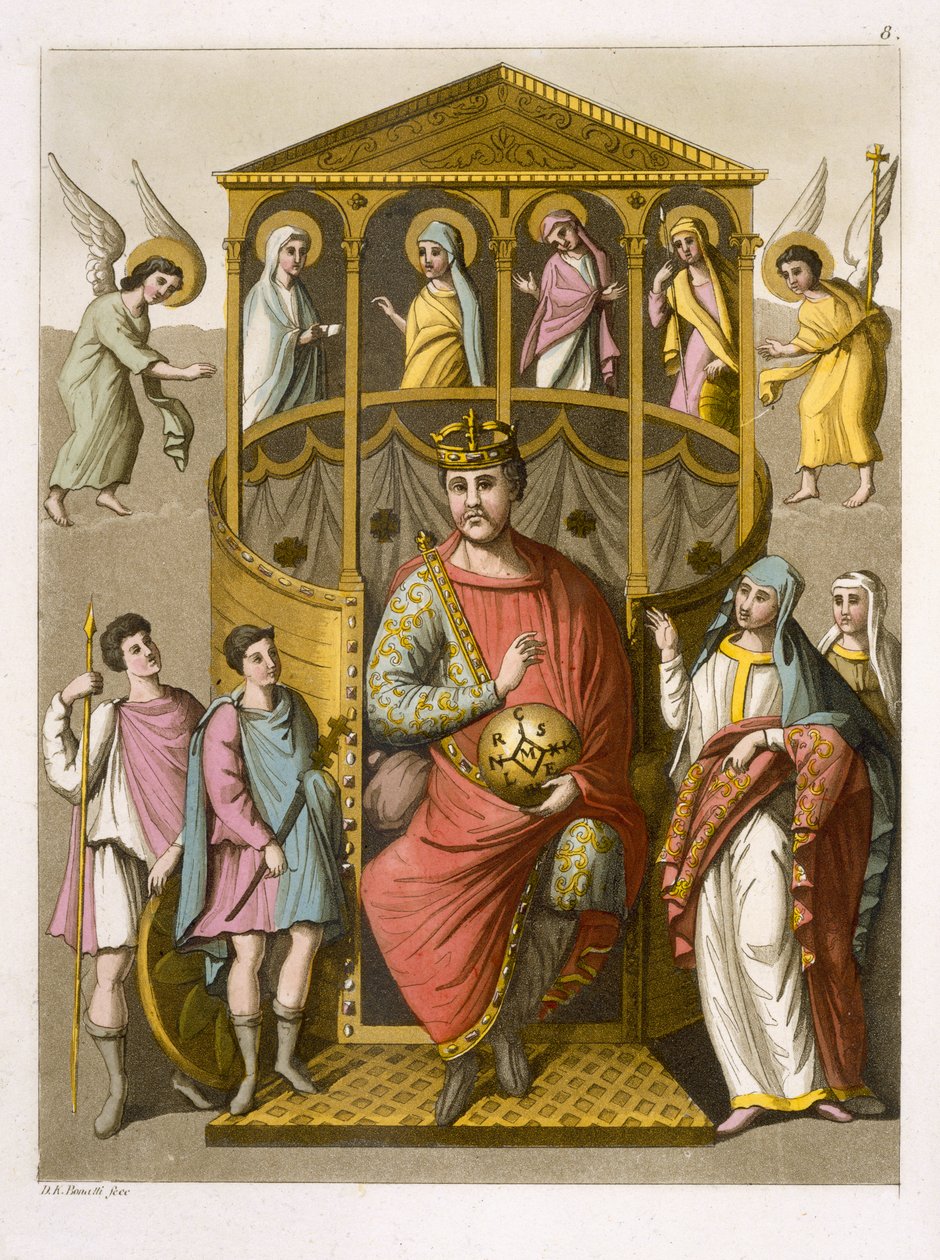 Karel II. (823-77) Plešatý, podle rukopisu v Colbergské knihovně, deska 8 z „Le Costume Ancien et Moderne“, od Julese Ferraria, vydáno kolem 20.–30. let 19. století od D.K. Bonatti