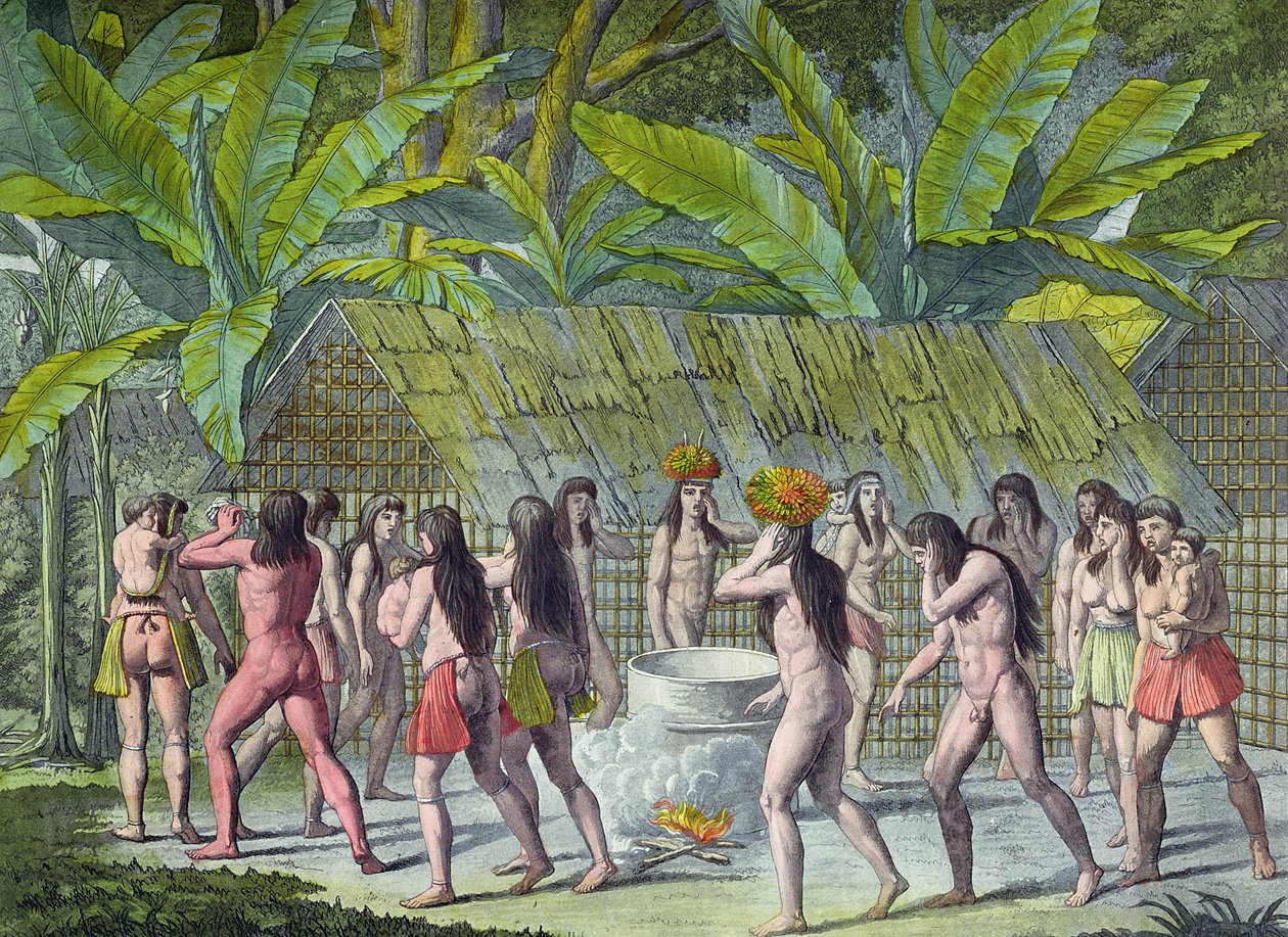 Tanec indiánů Camacani, Brazílie, z „Le Costume Ancien et Moderne“, od Julese Ferraria, vydáno 1819 (barevná rytina) (viz také 109034) od D.K. Bonatti