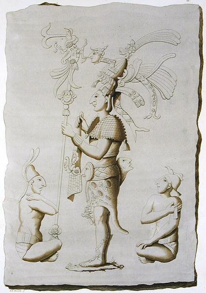 Král, socha z paláce, Palenque, Chiapas, Mexiko (barevná rytina) od D.K. (after) Bonatti