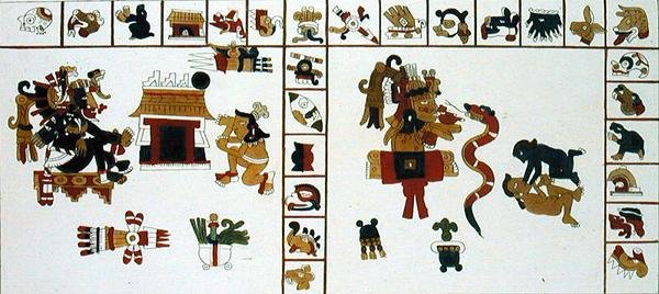 Hieroglyfický rukopis zobrazující boha Chuacohuati (barevná rytina) od D.K. (after) Bonatti
