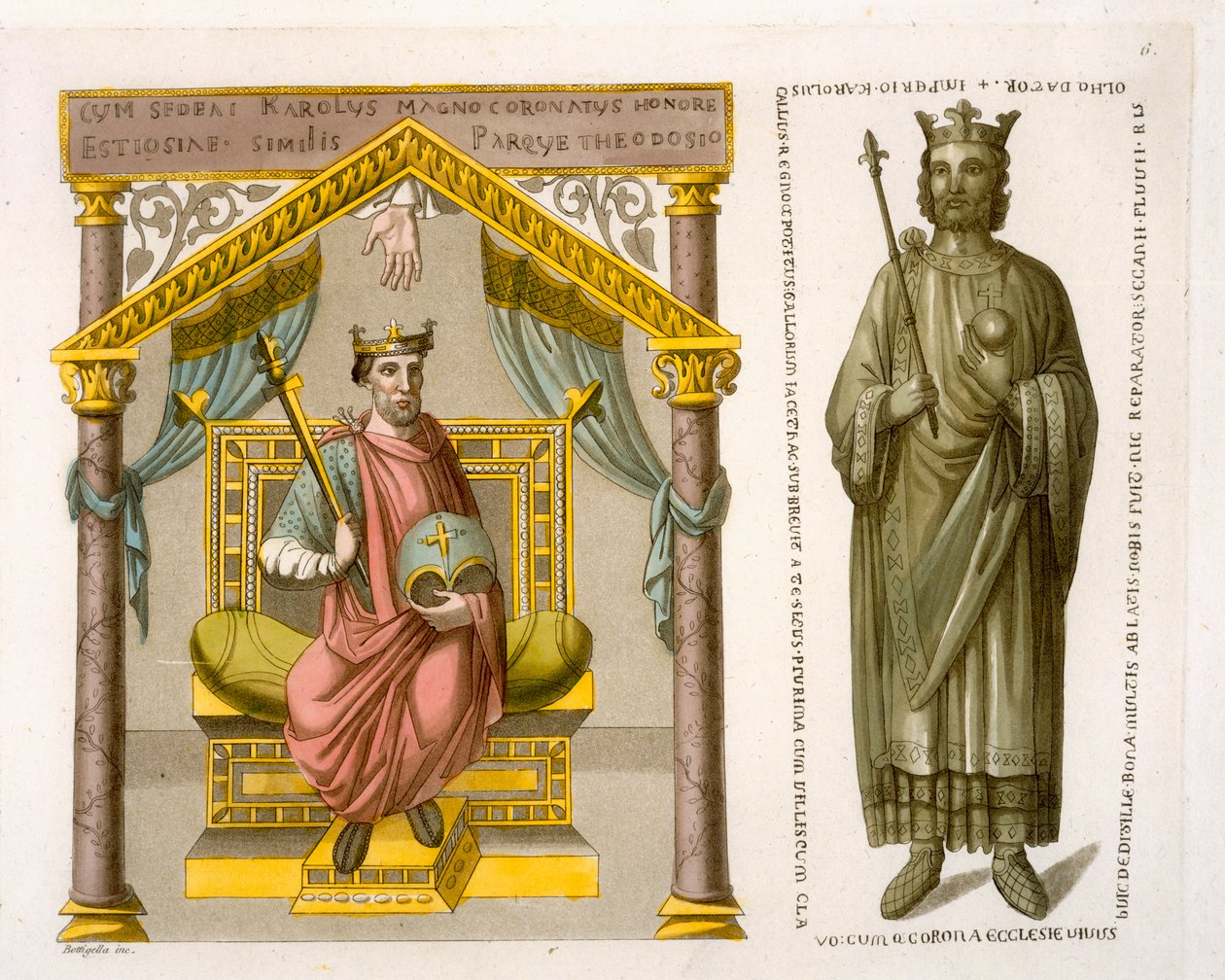HRE Karel II. (plešatý) na trůnu, podle rukopisu v Colbergské knihovně, deska 6 z „Le Costume Ancien et Moderne“ od Julese Ferraria, hospoda. 20.–30. léta 19. století od D.K. Bonatti