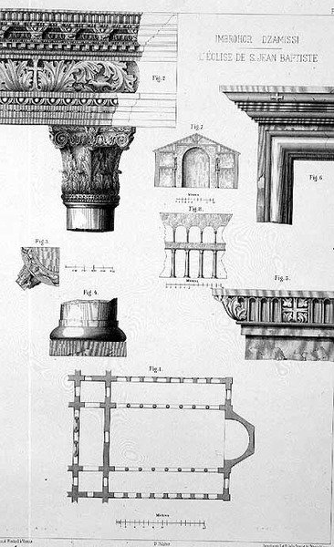 Plán a architektonické detaily Imbrohor Dzamissi, kostela svatého Jana Křtitele, z knihy "Church Architecture of Constantinople", vyd. Lehmann a Wentzel z Vídně, cca 1870-80 (litografie). od D. (after) Pulgher