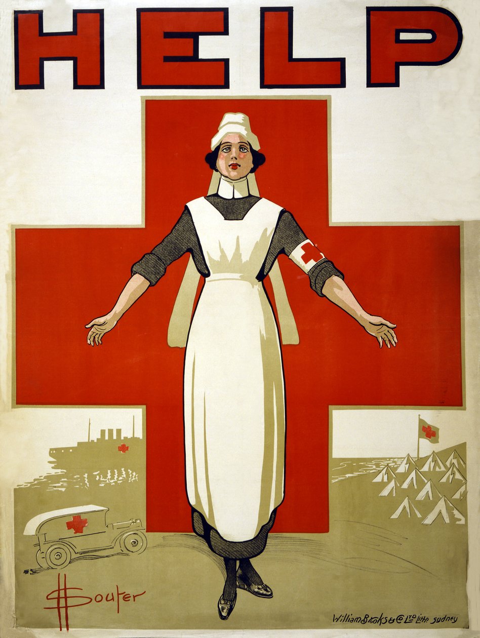 Plakát kampaně pro pomoc australského Červeného kříže, hospoda. 1914-18 od D. H. Souter