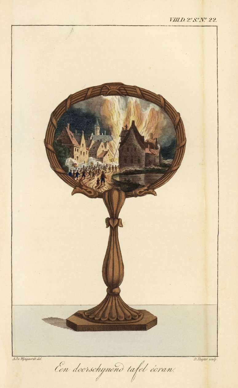 A translucent table screen decorated with a painting of a village on fire   1423878   cs       czech Successfully Translated  Original: Taglia Cantoni - Fracasso, plate 24 from Balli di Sfessania Translat: Taglia Cantoni - Fracasso, plate 24 from Balli di  od D. Sluyter