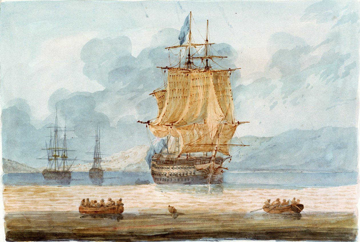 Britský válečný muž a další plavidla v kotvišti, v popředí lodní čluny, asi 1798-1805 (akvarel) od D. Tandy