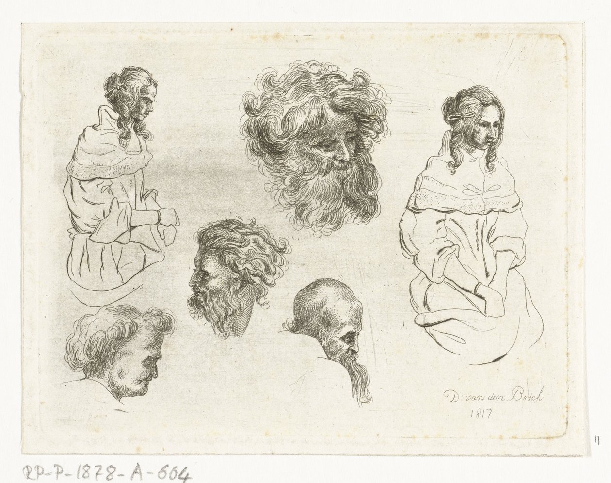 Studijní list s hlavami a ženskými těly od D. van den Bosch