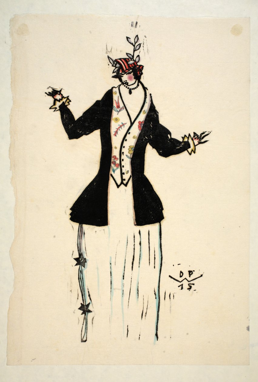 Návrh saka a vesty, deska 2, kniha 4, ilustrace z "Wiener Werkstatte Mode 191415", vyd. Eduard Kosmack, Vídeň, 1914-1915 (ručně kolorovaný linoryt). od Dagobert Peche