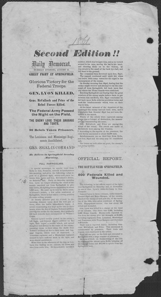 Obsahuje popis bitvy u Wilsonova potoka, Missouri od Daily Democrat
