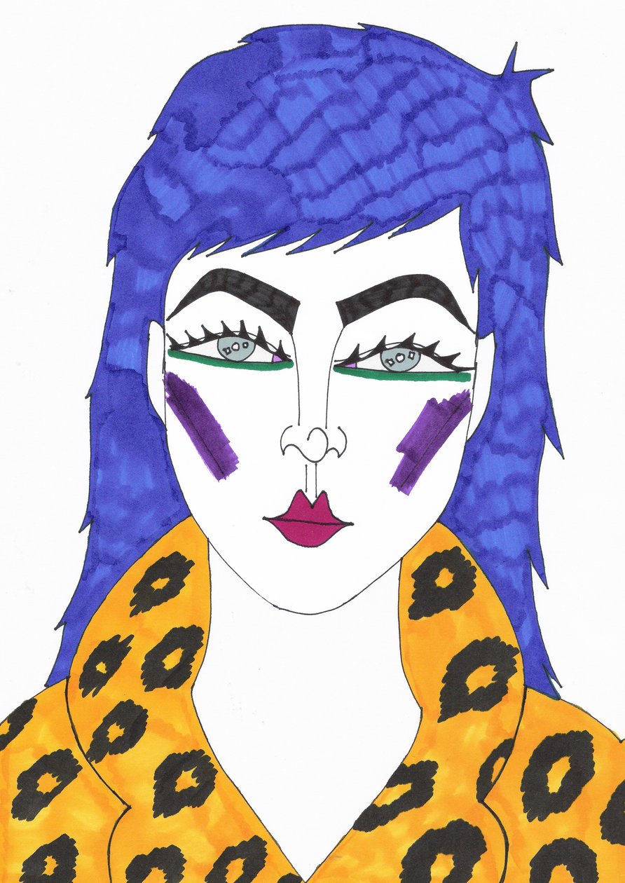 Modré vlasy, 2018 (fix na papíře) od Daisy de Villeneuve