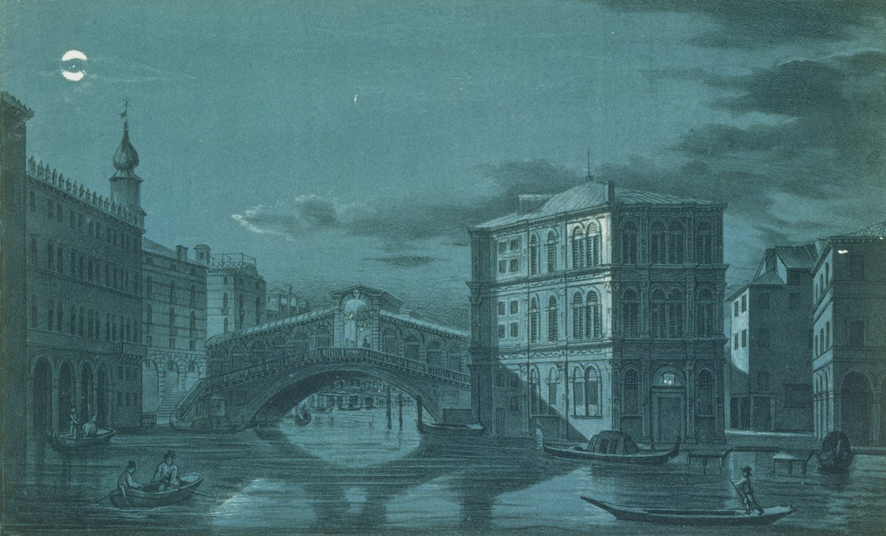 Noční scéna Ponte di Rialto, Benátky, vyryla Brizeghel od Dalda