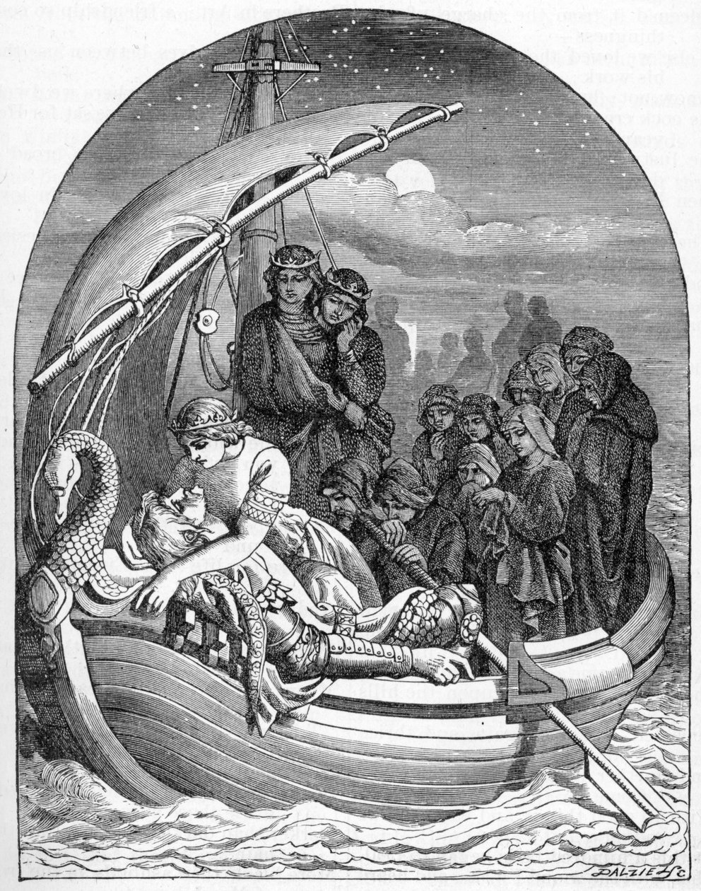 Umírající král Artuš je unesen do Avalonu na kouzelné lodi se třemi královnami, 1901 od Dalziel Brothers