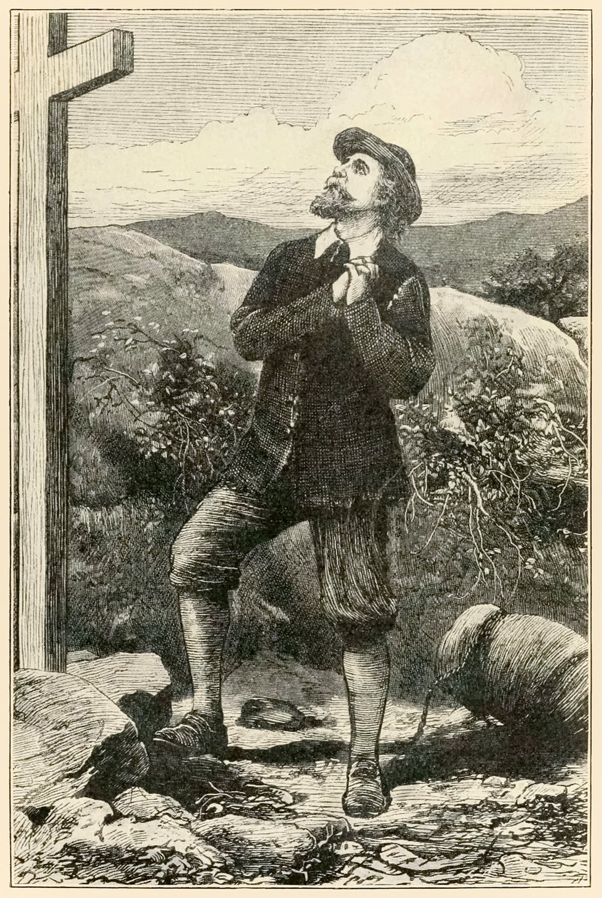 Křesťan před křížem“ z „Poutník“ Pokrok z tohoto světa, do toho, co přijde“ od Johna Bunyana od Dalziel Brothers