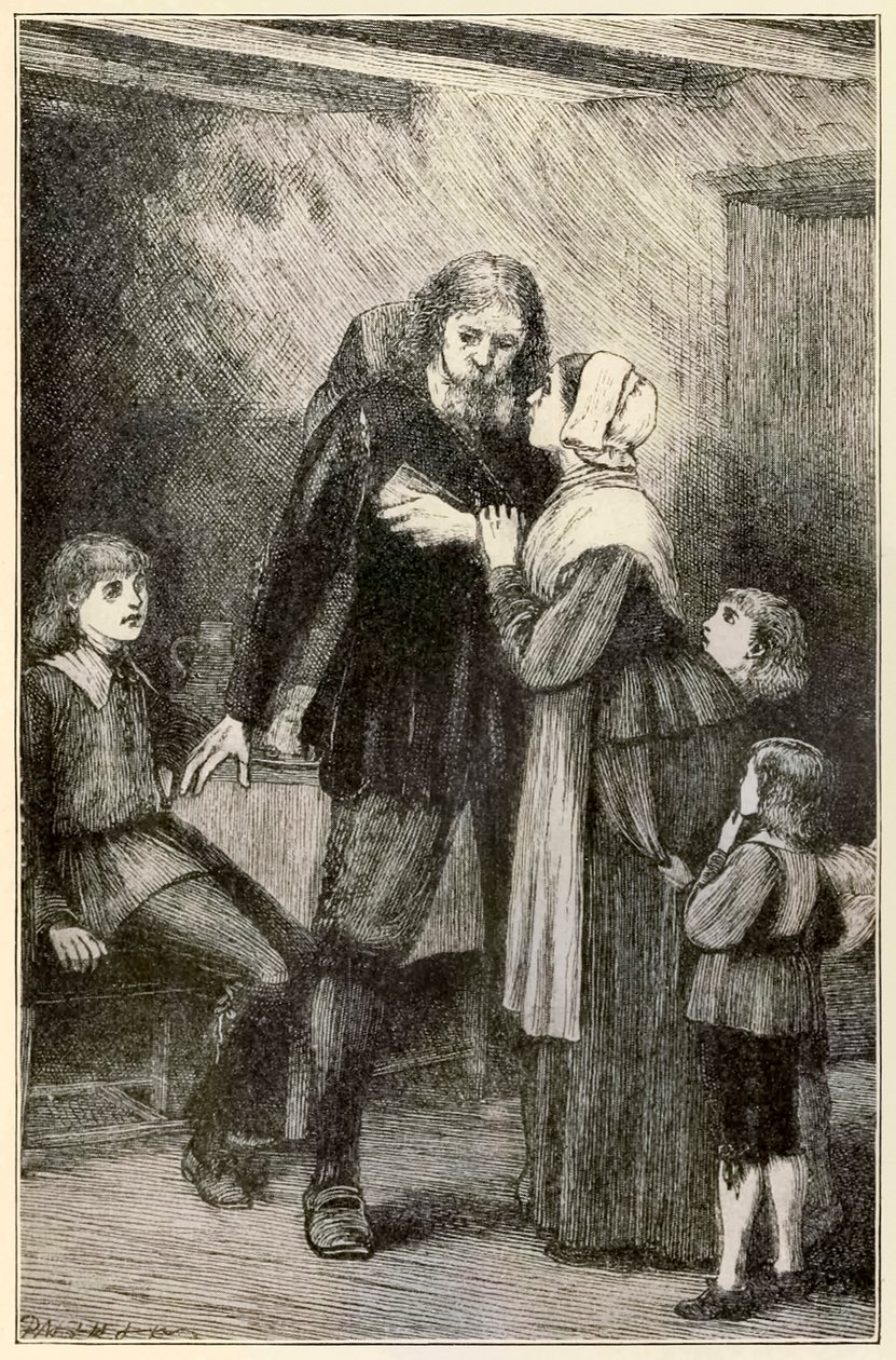 Christian se svěřuje své ženě z filmu The Pilgrims Progress From This World, To That Who Is To Come John Bunyan (1628-1688) ilustrace Thomas Dalziel (1823-1906) Christian s těžkým břemenem od Dalziel Brothers