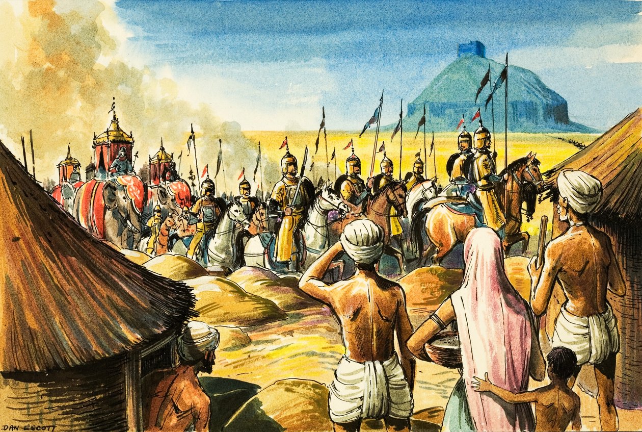 Indičtí domorodci sledují průvod slonů a vojáků blížící se k pevnosti (kvaš na papíře) od Dan Escott