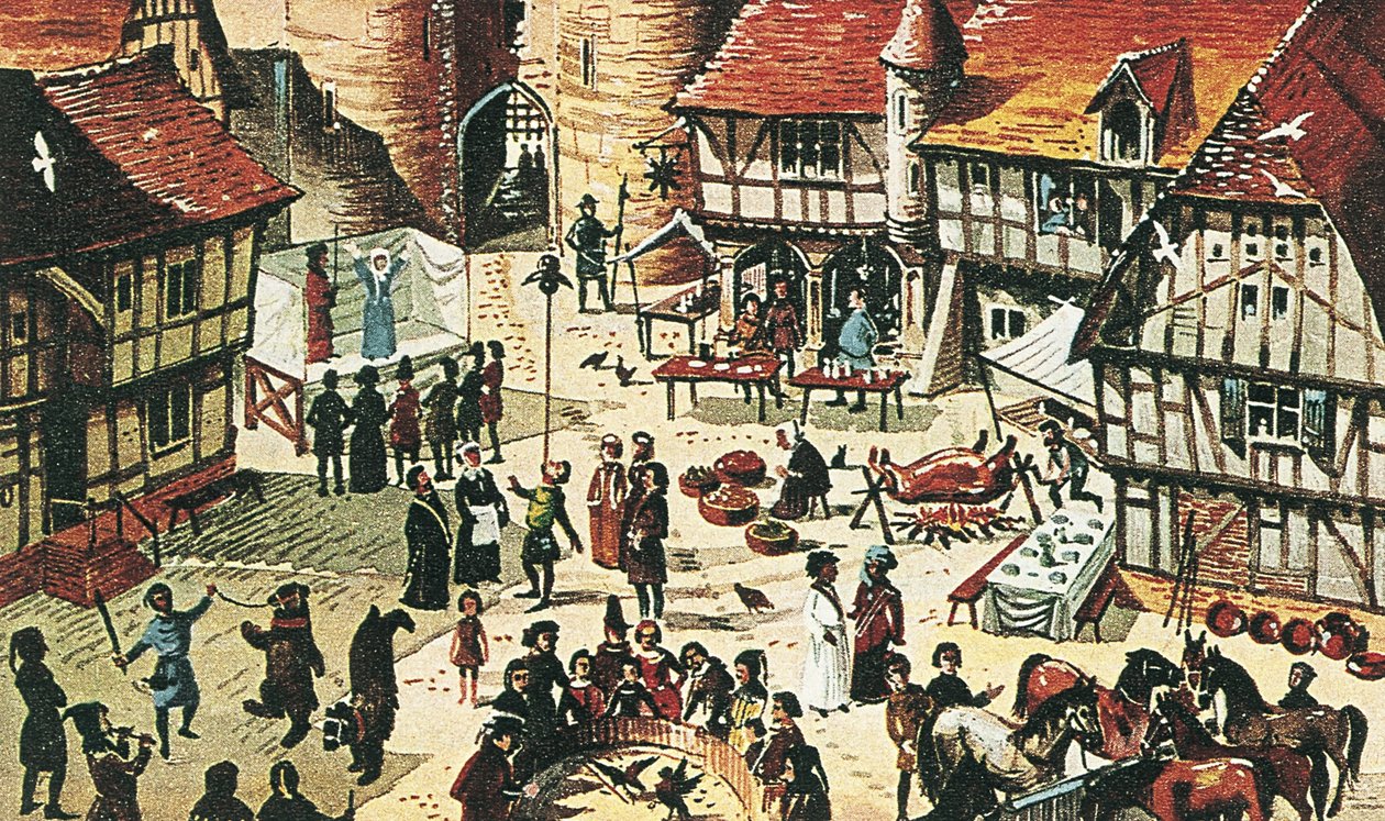 Středověký jarmark (barevná litografie) od Dan Escott