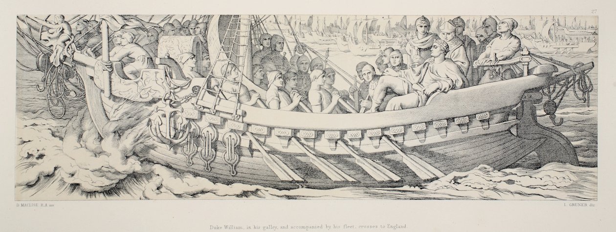 Vévoda William ve své galéře a v doprovodu své flotily přejíždí do Anglie z „Příběhu o dobytí Normanů“, vyryl L. Gruner, 1866 od Daniel Maclise