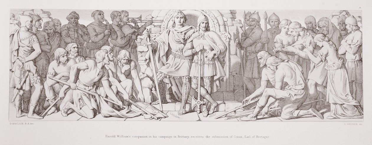 Harold, Williamův společník na jeho tažení do Bretaně, dostává podání Conana, hraběte z Bretaně, z „Příběhu normanského dobytí“, vyryl L. Gruner, 1866 od Daniel Maclise