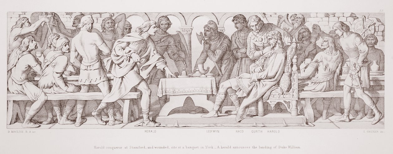 Harold, dobyvatel na Stamfordu a zraněný, sedí na banketu v Yorku a herold oznámí vylodění vévody Williama z „Příběhu normanského dobytí“, vyryl L. Gruner, 1866 od Daniel Maclise