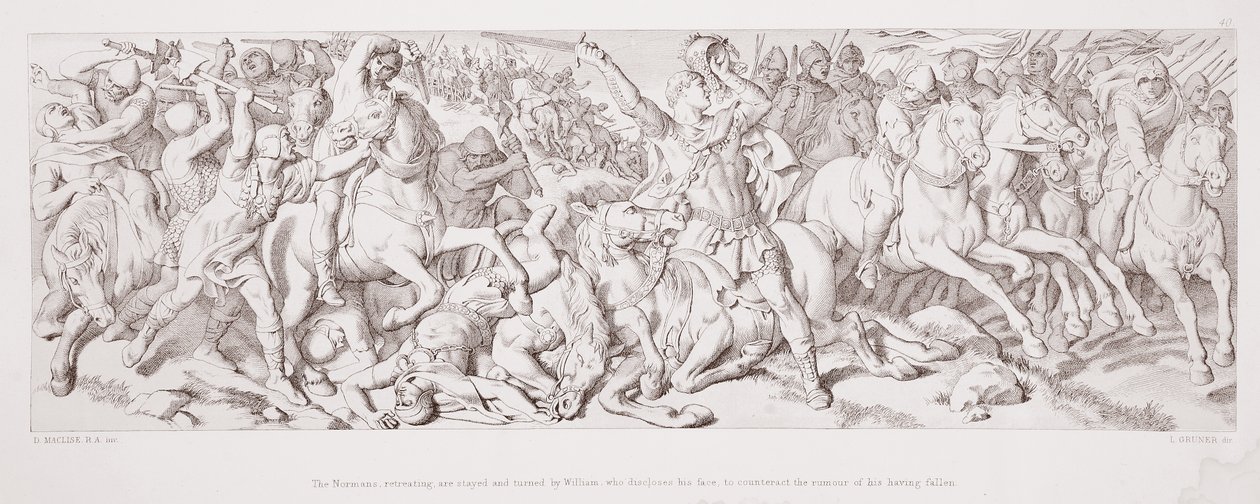 Normané ustupují a Vilém je zastaví a obrátí, aby odvrátil zvěsti o svém pádu, z "Příběhu o dobytí Normanů", rytina L. Grunera, 1 od Daniel Maclise