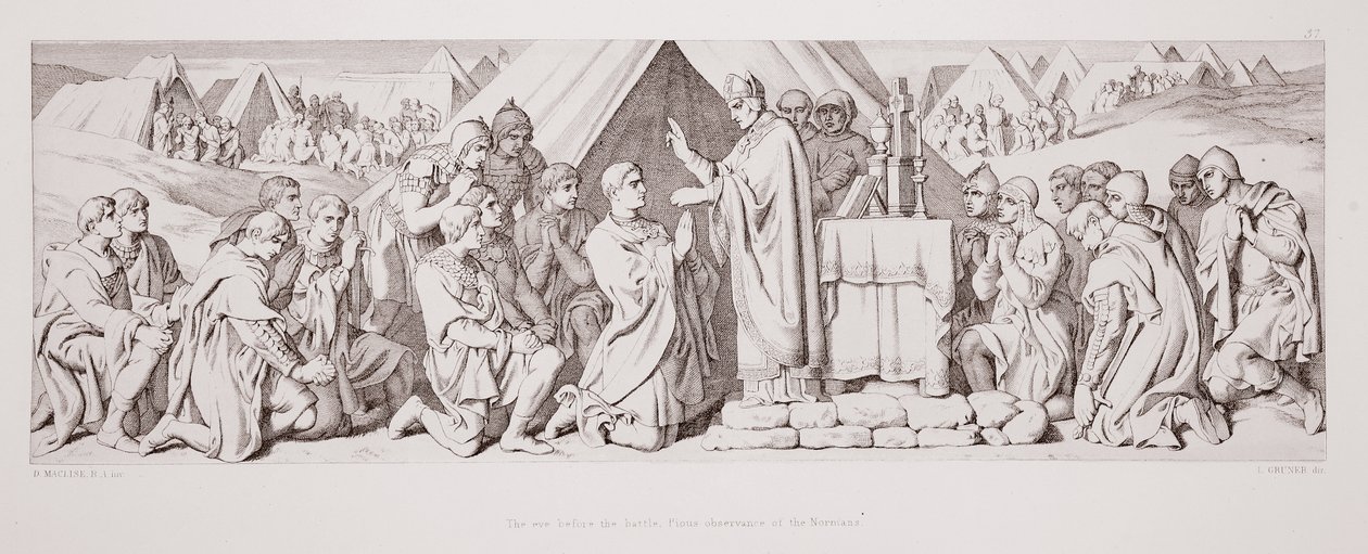 Večer před bitvou, zbožné zachovávání Normanů, z „Příběhu o dobytí Normanů“, vyryl L. Gruner, 1866 od Daniel Maclise